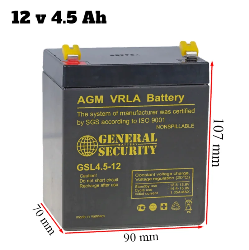 Свинцово-кислотный аккумулятор General Security GSL 4.5-12 (12 В 4.5 Ач)90х70х10 для обеспечения