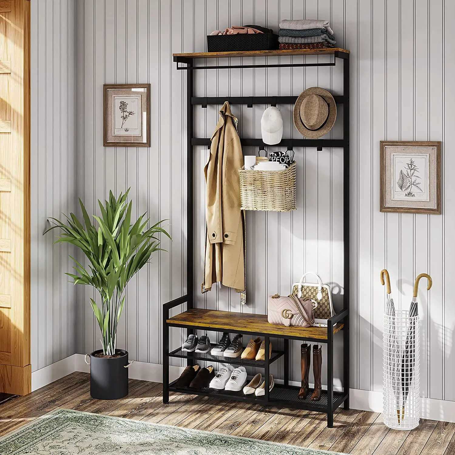 

Standing Coat Rack Shoe Bench Hall Tree Entryway Bench with 3-Tier Storage Shelf 11 Hooks Removable Industrial Accent Furniture