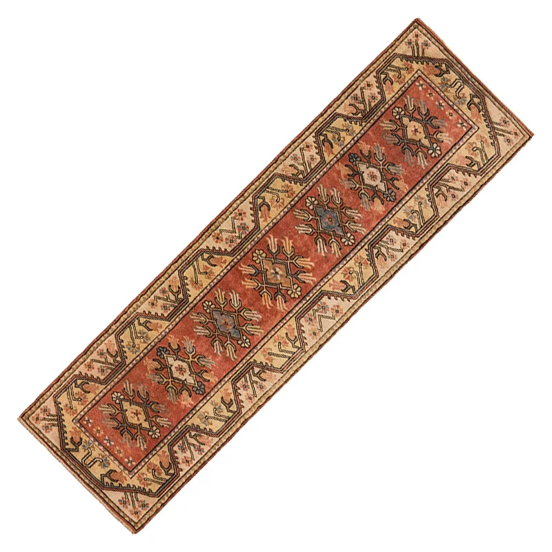

Beige and Red Carpet Runner, 9x3 Floral Style Hallway Carpet, 1950s Mid Century Long Rug, Soft Wool Antique Rug