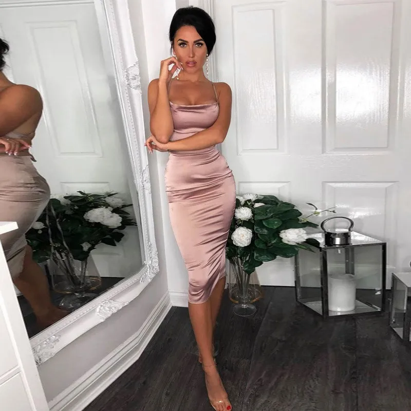 

2021 Vintage Neon Satin Backless Dresses Women Bodycon Long Midi Lace Up Elegant Outfits Sexy Clothes Vestido Dress Party Summer