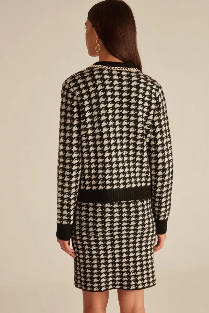 Joinus Houndstooth Pattern Knitted Jacket With Chain Detail Woman Cardigan Black