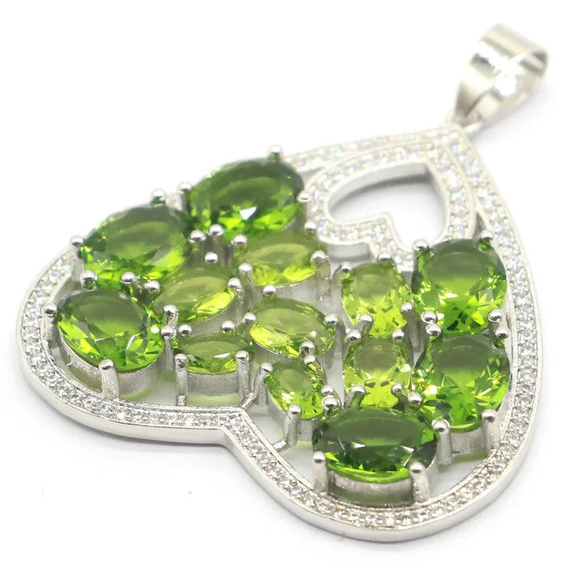 

59x40mm Amazing Big Size 30g Created Green Peridot White Cz Woman's Jewelry Set Silver Pendant Earrings
