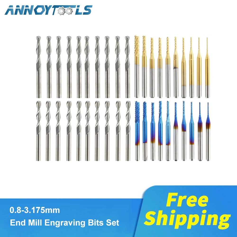 

End Mill Bits Set 3.175mm 1/8" Shank CNC Router Bits Cutting Milling Tool Engraving Cutter Flat Nose Ball Nose End Mill
