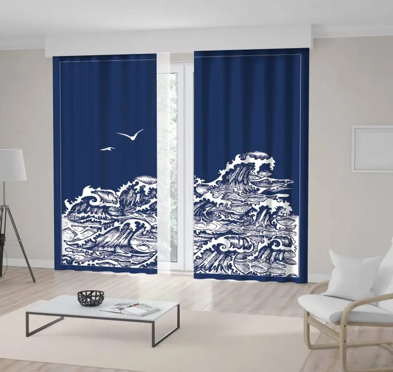 

Curtain Seascape with White Contour Waves and Seagulls on Navy Blue Background Illustration Print