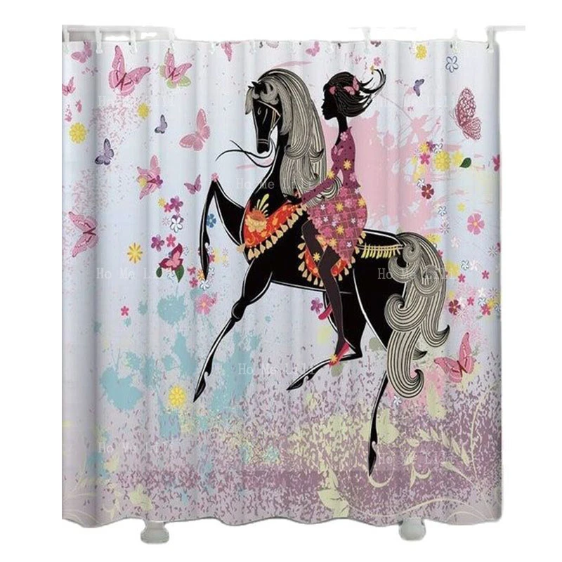 

Woman Butterflies Shower Curtains Nature Lovers Cartoon Design Art Style Cute Modern Home Bathroom Decoration