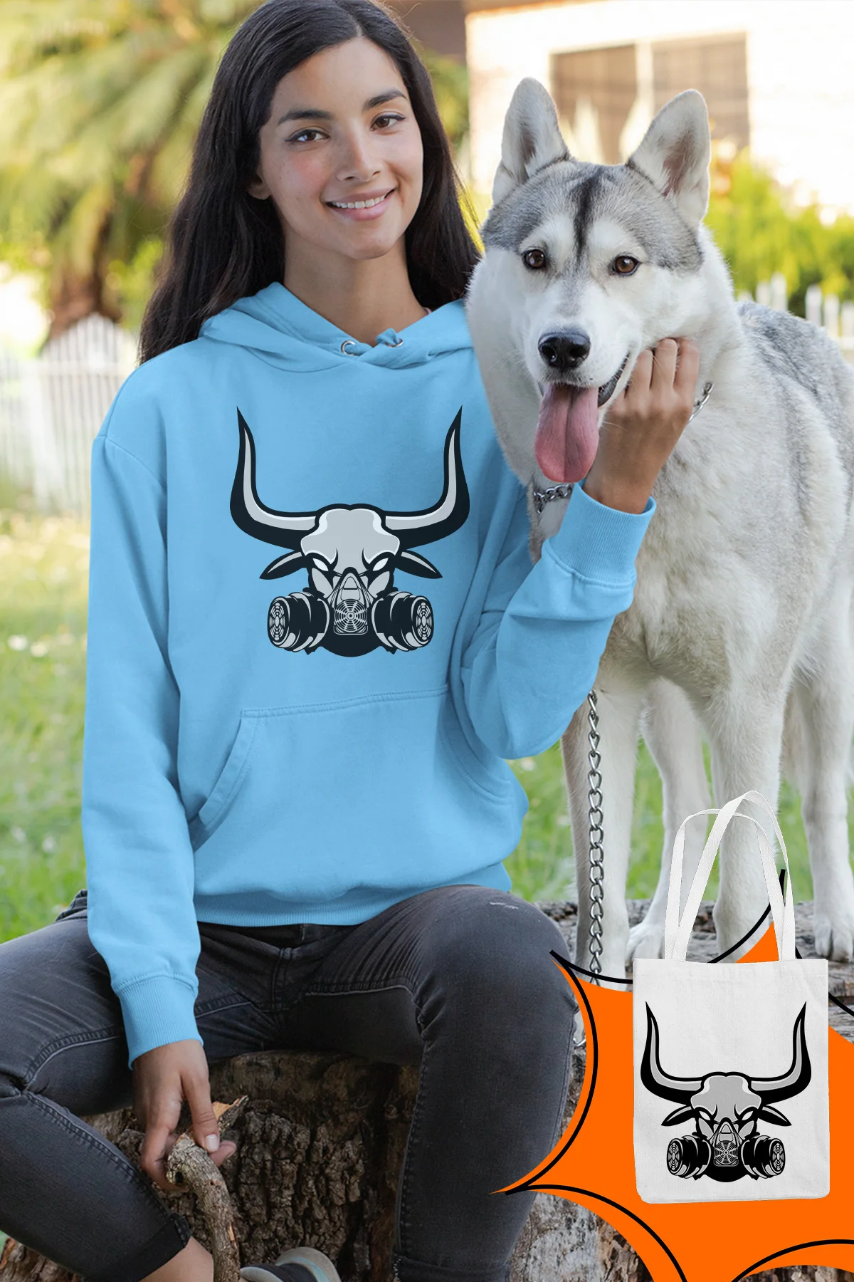Женская толстовка с капюшоном Angemiel Wear Gas Masker Bull синий цвет|Женские толстовки и