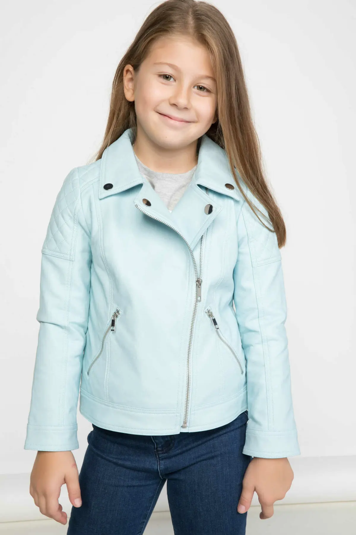 DeFacto Girl Black Lapel Collar PU Leather Zipper Coat Casual Pocket Cool Jacket Autumn Spring New Fashion Girls - K1206A619SP | Детская