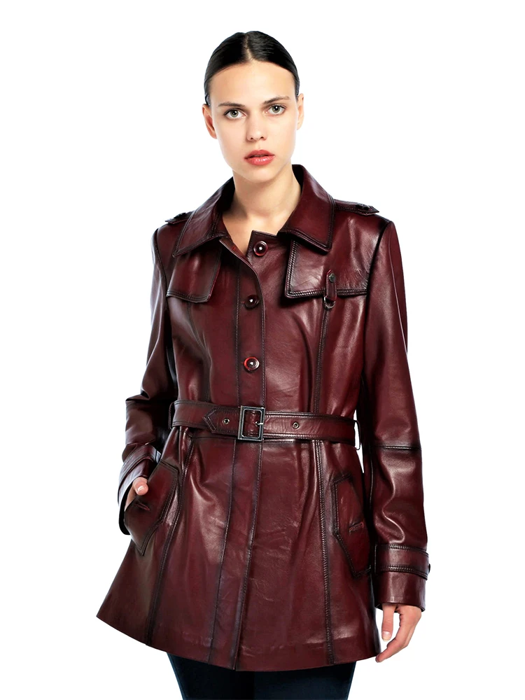 Genuine Soft Lambskin Leather Jacket Handmade Female Red Pink Trench Coat Woman Real Fur Custom Matrix Style Product Jackets