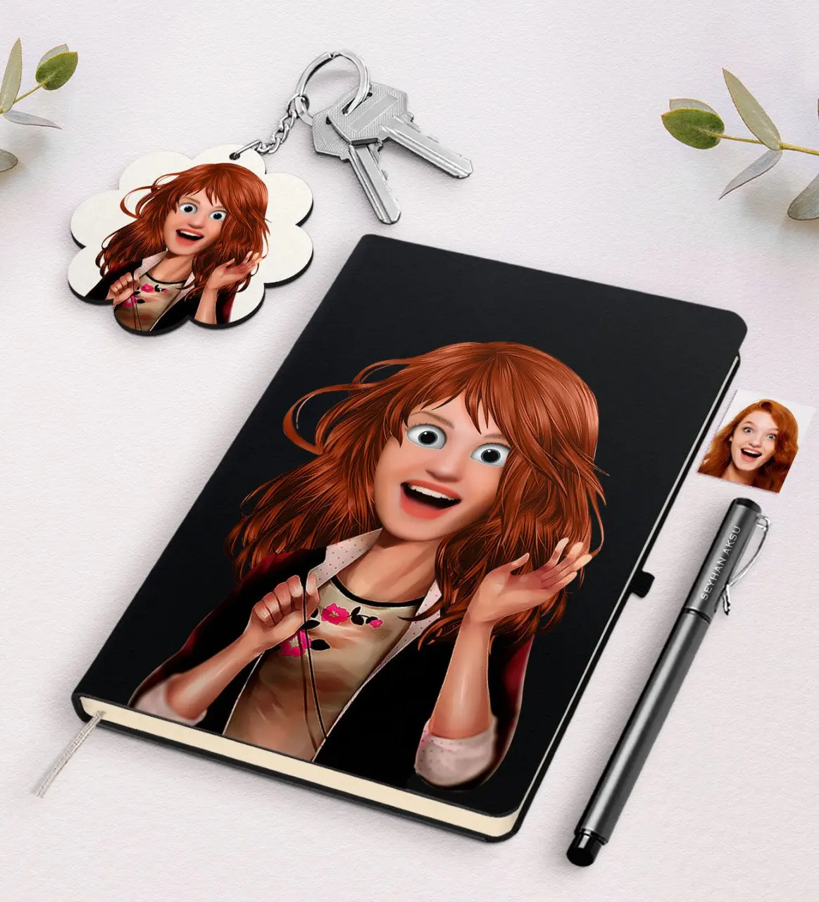 

Personalized Women 'S Animation Caricature Of Black Notebook Pen And Keychain Gift Seti-11