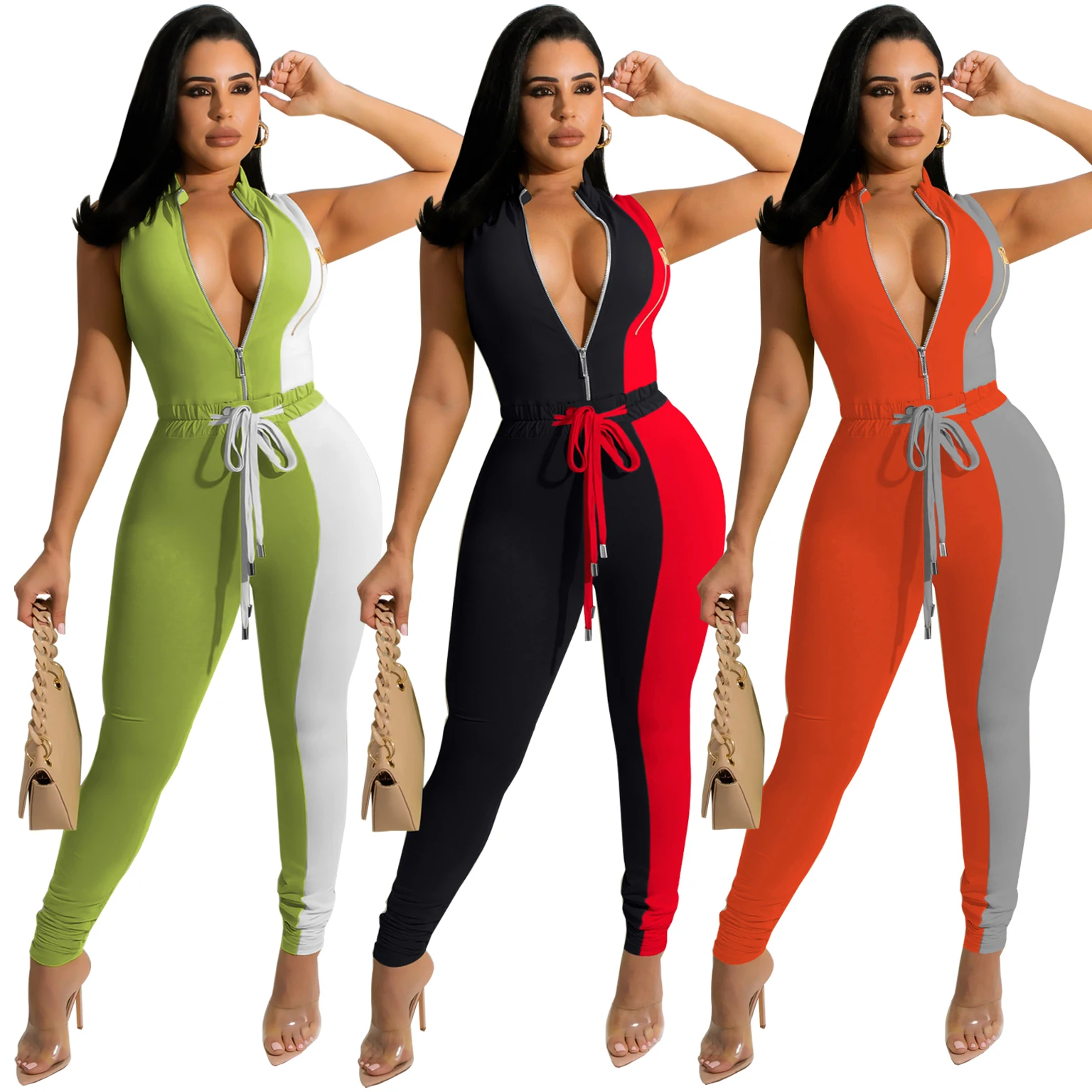 Patchwork Sporty Fitness Zipper Long Jumpsuits Casual Workout Long Sleeve Bodycon Rompers Womens Jumpsuit Active Wear
