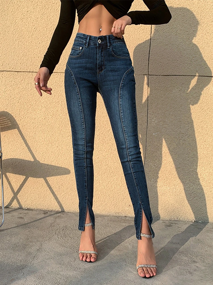 

Women Skinny Jeans Slim Denim Pencil Pants Mid Waist Fashion Slim Stretch Trousers Split Y2K Aesthetic Hip Lift Sexy Streetwear