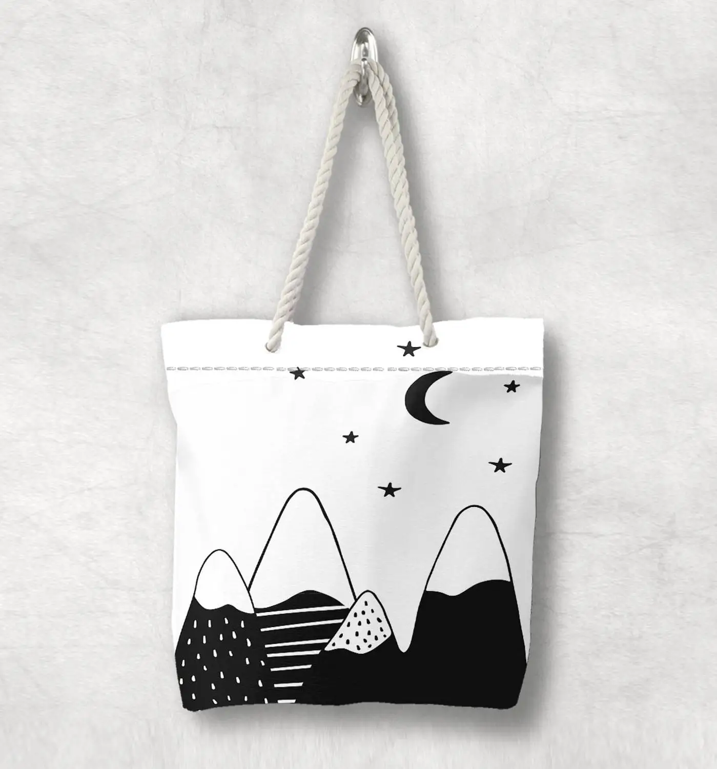 В скандинавском стиле черная белая холщовая сумка с ручками из веревки