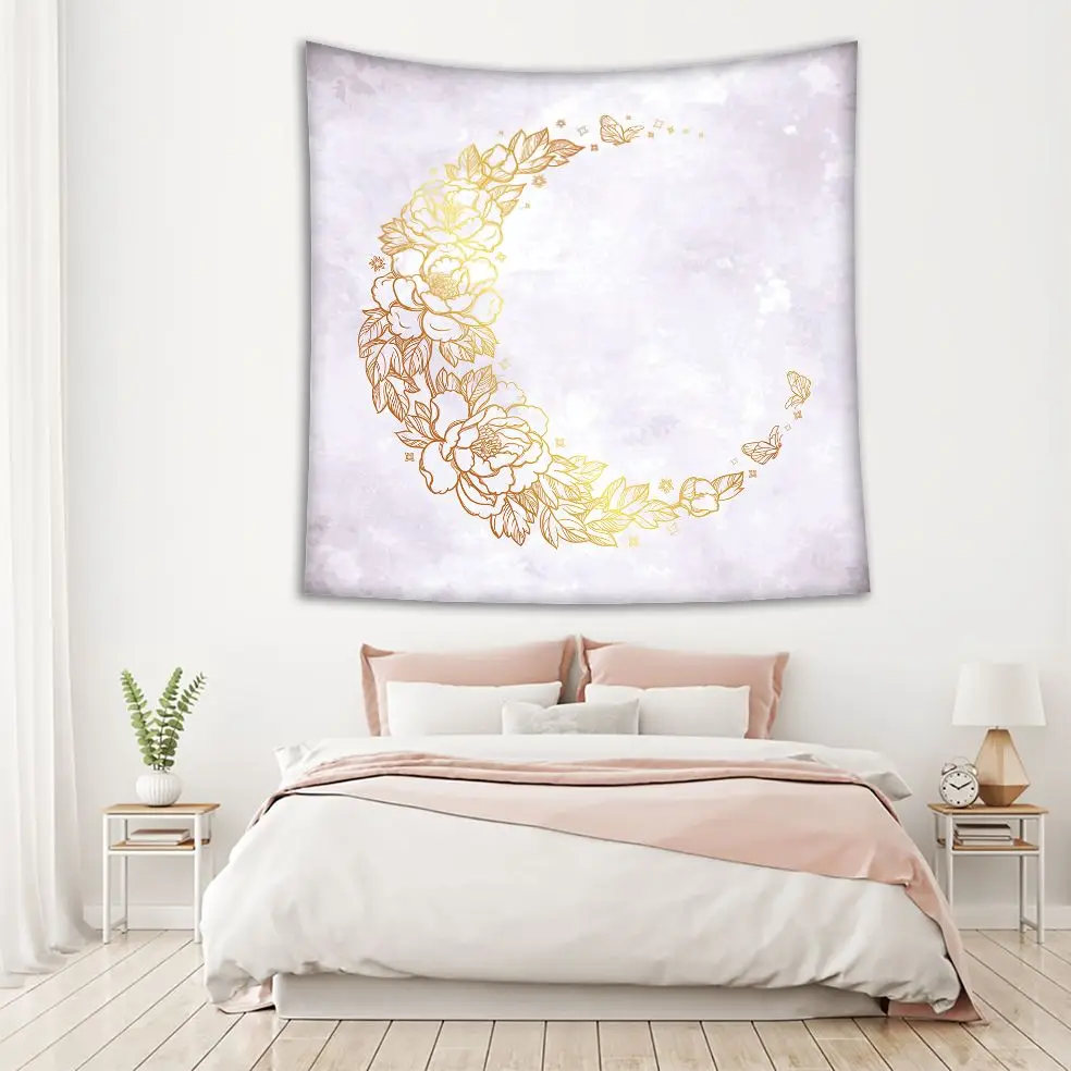 Гобелен с цветочным узором в форме золотого полумесяца цветы листья бабочки