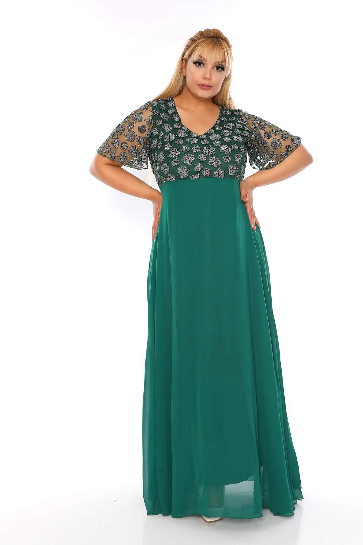 Большой размер Топ серебристый лист шаблон рукава шифон Атлас длинное вечернее