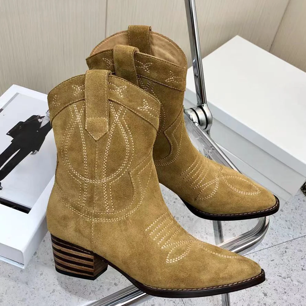

Women's boots retro western cowboy boots women's brand embroidered embossed shoes pointed toe mid-calf thick wedges boots women