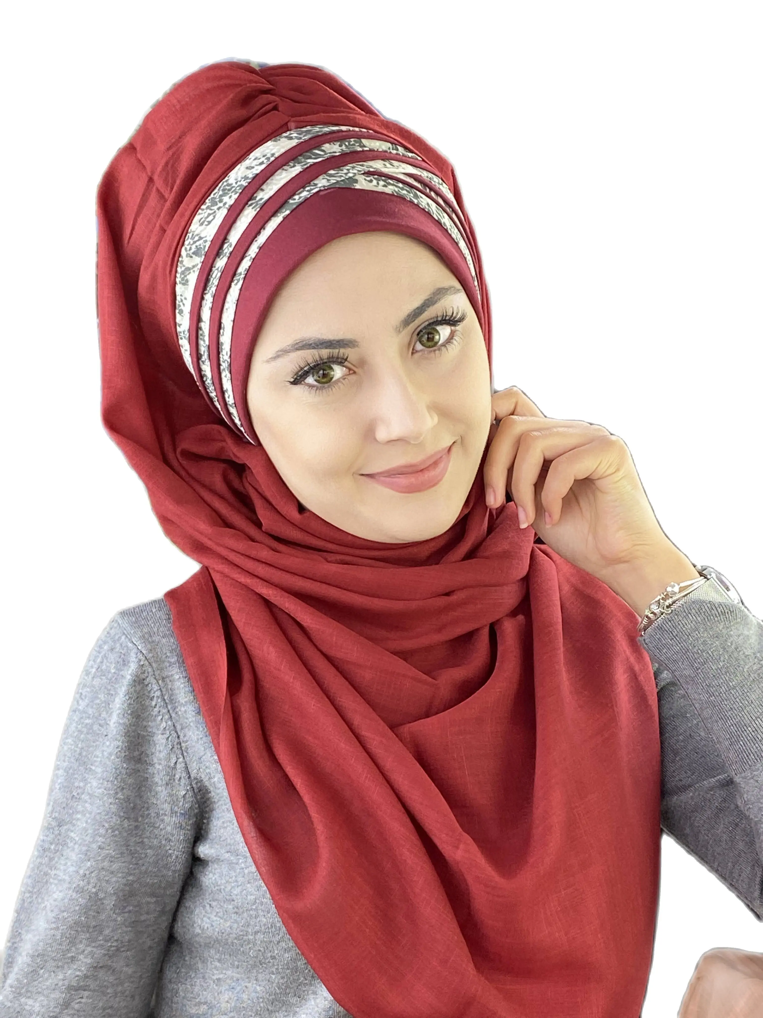 2022 New Fashion Hijab Islamic Women Winter Scarves Women's Products Hat Dark Claret Red Crocodile Pattern Cross Draped Shawl
