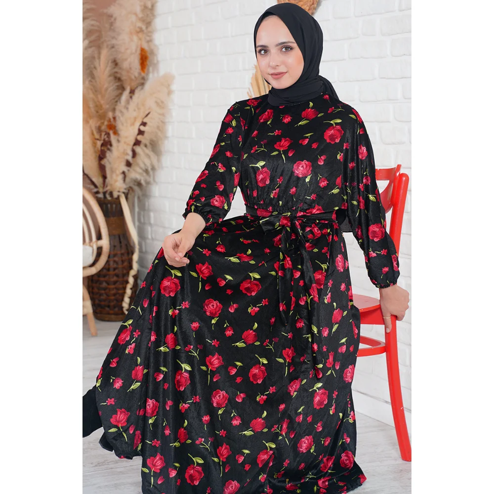 Floral and Rose Patterned Velvet Dress Winter Season Muslim Islamic abaya muslim dress women kaftan open abaya long dress africa