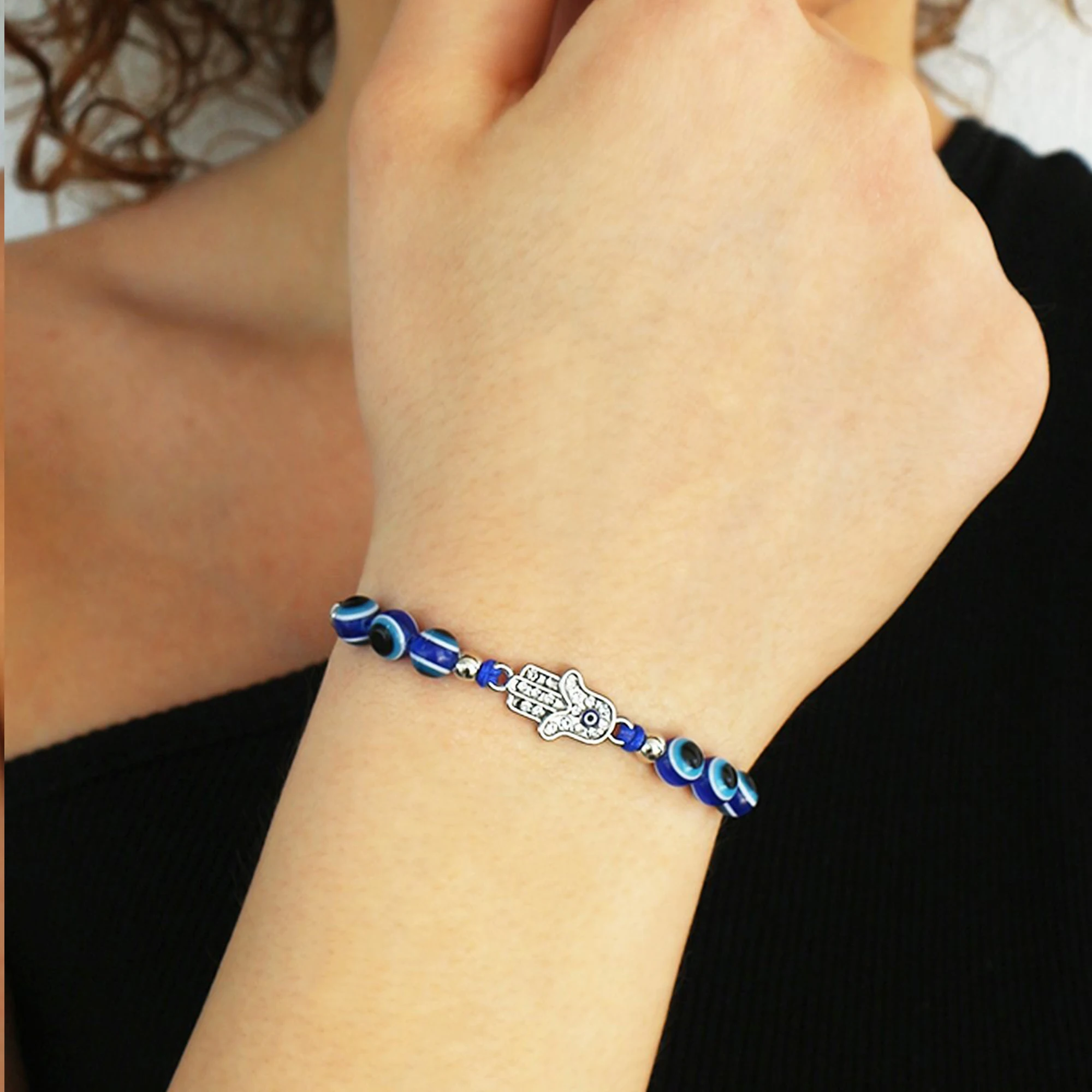 

2021 Fashion Blue Beaded Hand Figured Adjustable Length Stylish Evil Eye Women Bracelet