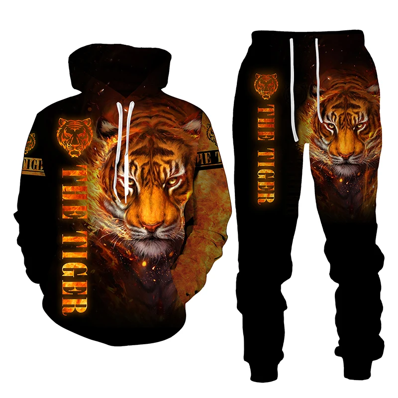 The Tiger 3D Printed Men's Hooded Sweatshirt Set Pants Sportswear Tracksuit Long Sleeve Autumn Winter Clothing Suit | Мужская одежда