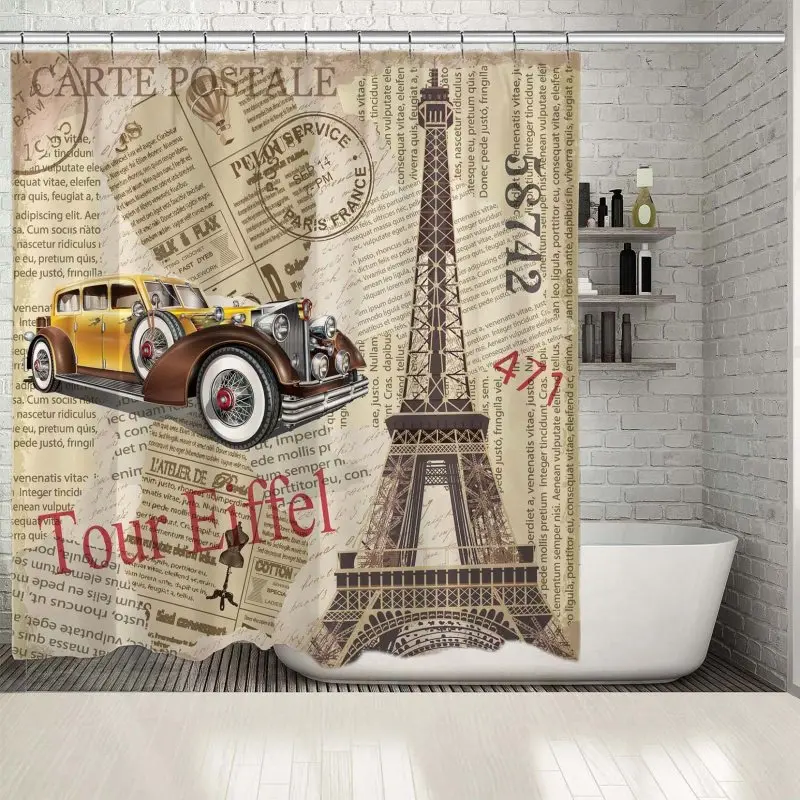 Занавеска для душа Париж Эйфелева башня и винтажное изображение автомобиля на