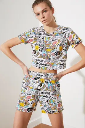 

Multicolour Printed 2'li Knit Bottom-Top Suit Women Clothing Women 'S fashion 2021 Spring Summer Collection