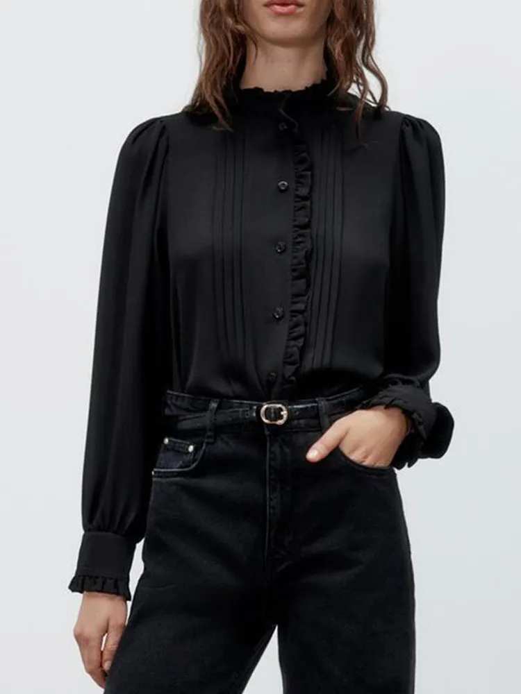 

2022spring new women's black temperament stand-up collar long-sleeved loose windsurfing printed shirt with wooden ears