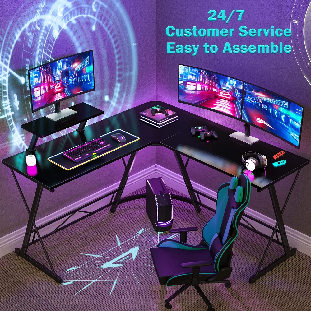 

L Shaped Desk Computer Corner Home Gaming Office Writing Workstation with Large Monitor Stand Space-Saving Black