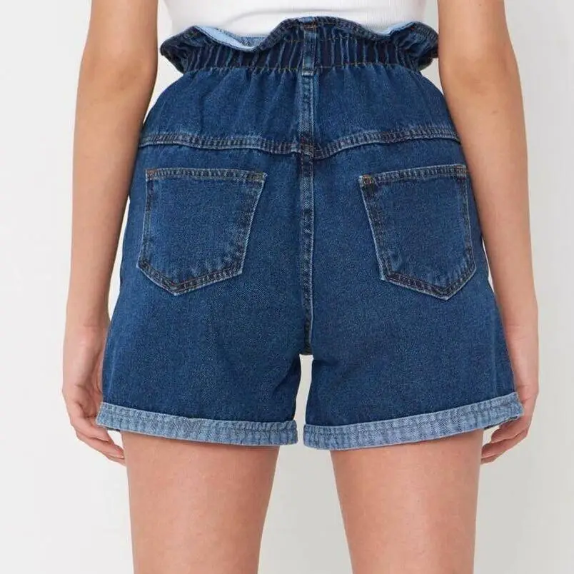 2021 Summer High Waist Denim Shorts Women Casual Loose Ladies Fashion Roll Up Hem Elastic Pocket Blue White Jeans Female