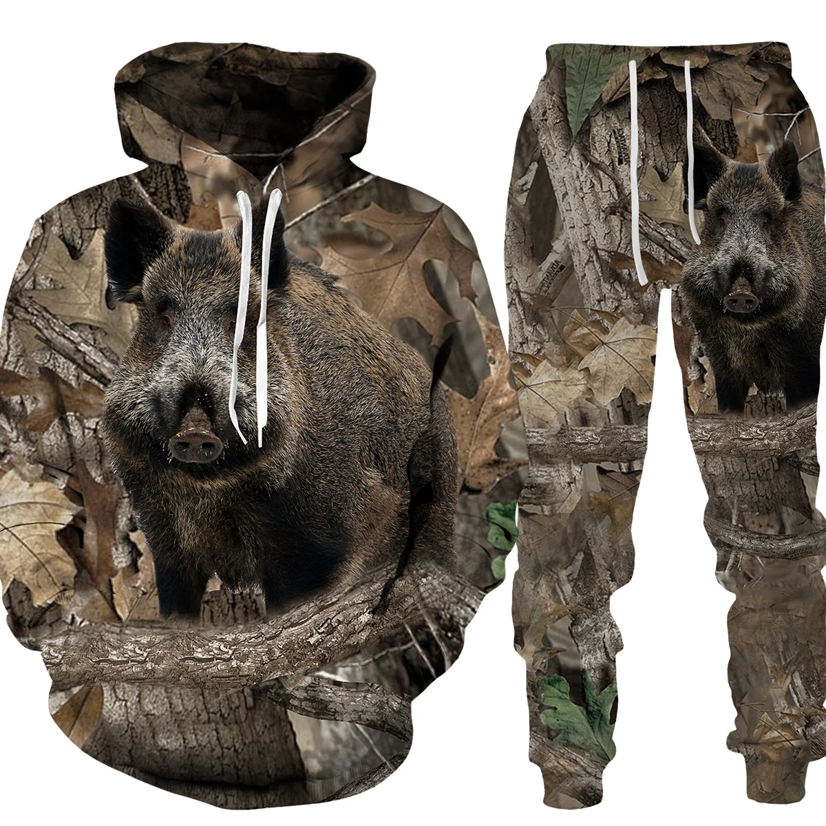 Sudadera con capucha 3D de Animal de caza para hombre, chándal informal de camuflaje, conjunto de 2 piezas, ropa deportiva, traje