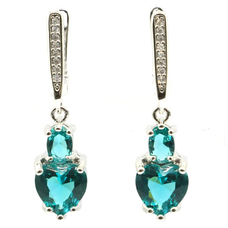 

34x8mm SheCrown Heart Shape Created Rich Blue Aquamarine CZ Gift For Sister Silver Earrings