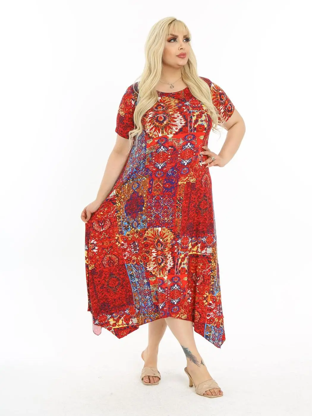 

Plus Size Women Clothing 2022 Casual Paisley Ethnic Ankle-Length A-Line Lycra Knitted Viscose Made in Turkey XL 2XL 3XL 4XL 5XL