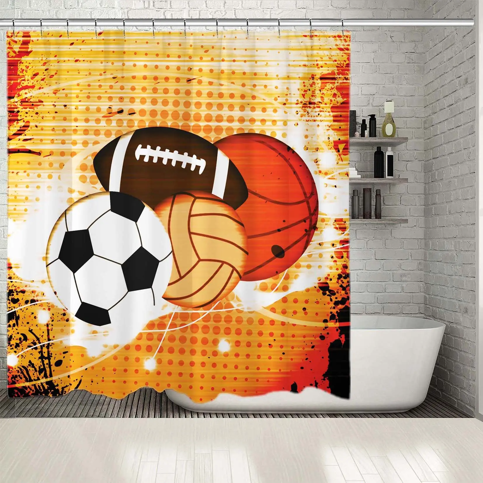 

Shower Curtain Football Basketball Rugby Ball on Grunge Background Aged Look Sport Theme Artwork Yellow Orange