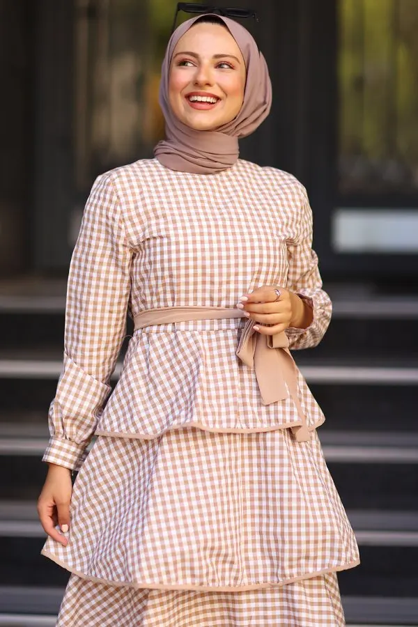 

Gingham Layered Belted Dress Single Color Unlined Long Sleeve Crew Neck Women's Fashion Stylish Practical Summer Seasonal Hijab