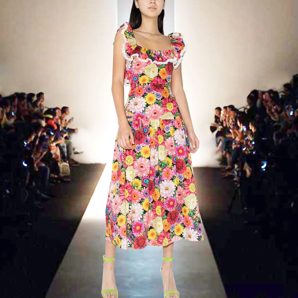

2022 Summer New Women's Ruffled Lace Trim Waist Print Mid-length Dress