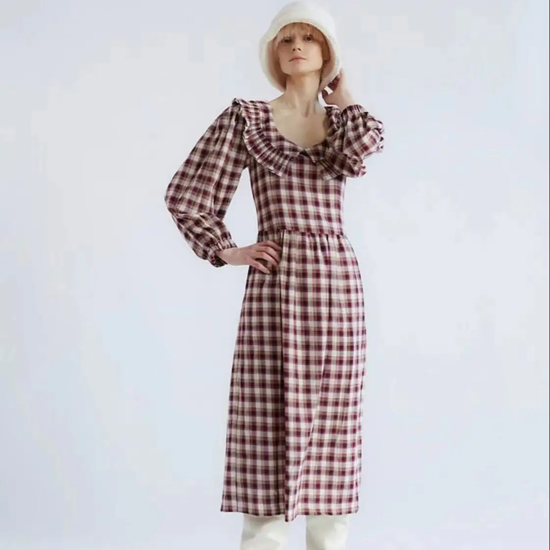 

Ta* ruffle collar retro style long sleeve red grid 100% cotton skirt dress