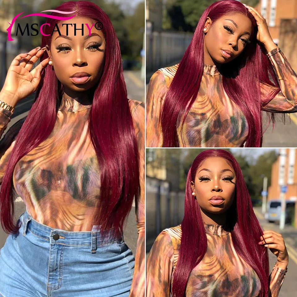

Lace Frontal Wigs Pre-Plucked HD Transparent Lace Brazilian Straight Human Hair Wigs 99J/Burgundy Colored Lace Wig 180% Density