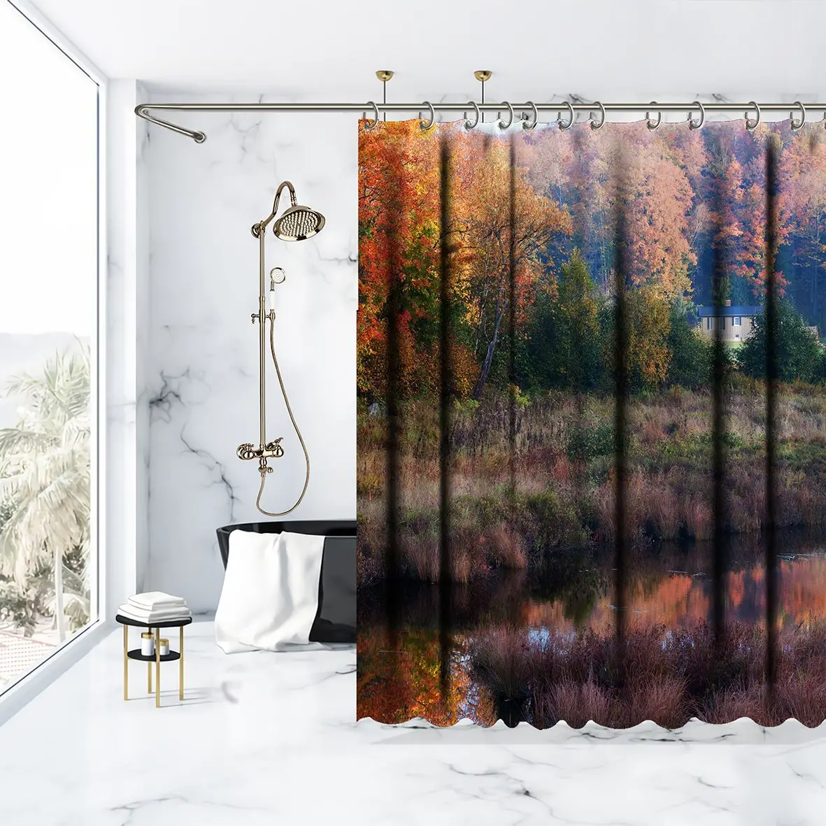 Занавеска для душа Осенняя листва Риверсайд деревья лес дом Сельский спокойный