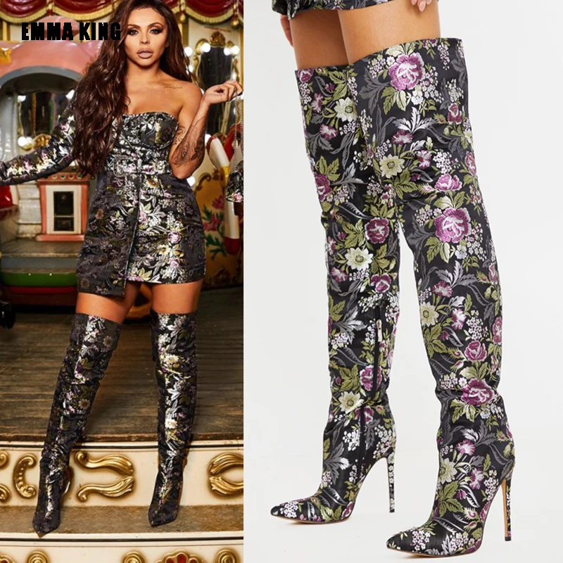 

Woman Winter Over The Knee Boots Ladies Retro Ethnic Style Shoes Flower Print High Heels Pointed Toe High Boots 35-43 For Women