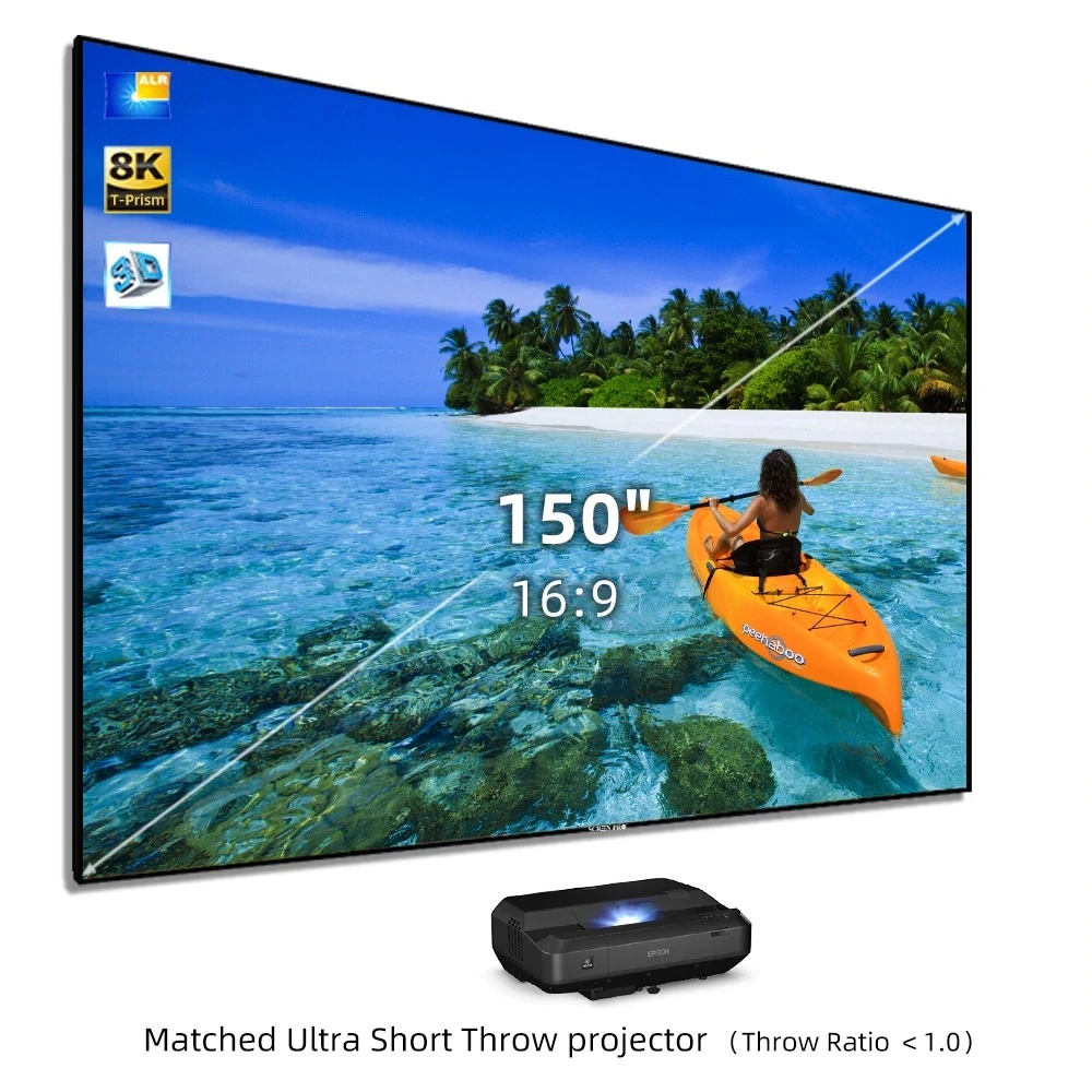 

Горячая Распродажа 2023, 150 дюймовый проекционный экран с фиксированной рамкой ALR UST для ультракороткого проектора WEMAX 16:9, призма с высоким коэффициентом усиления 0,85 T