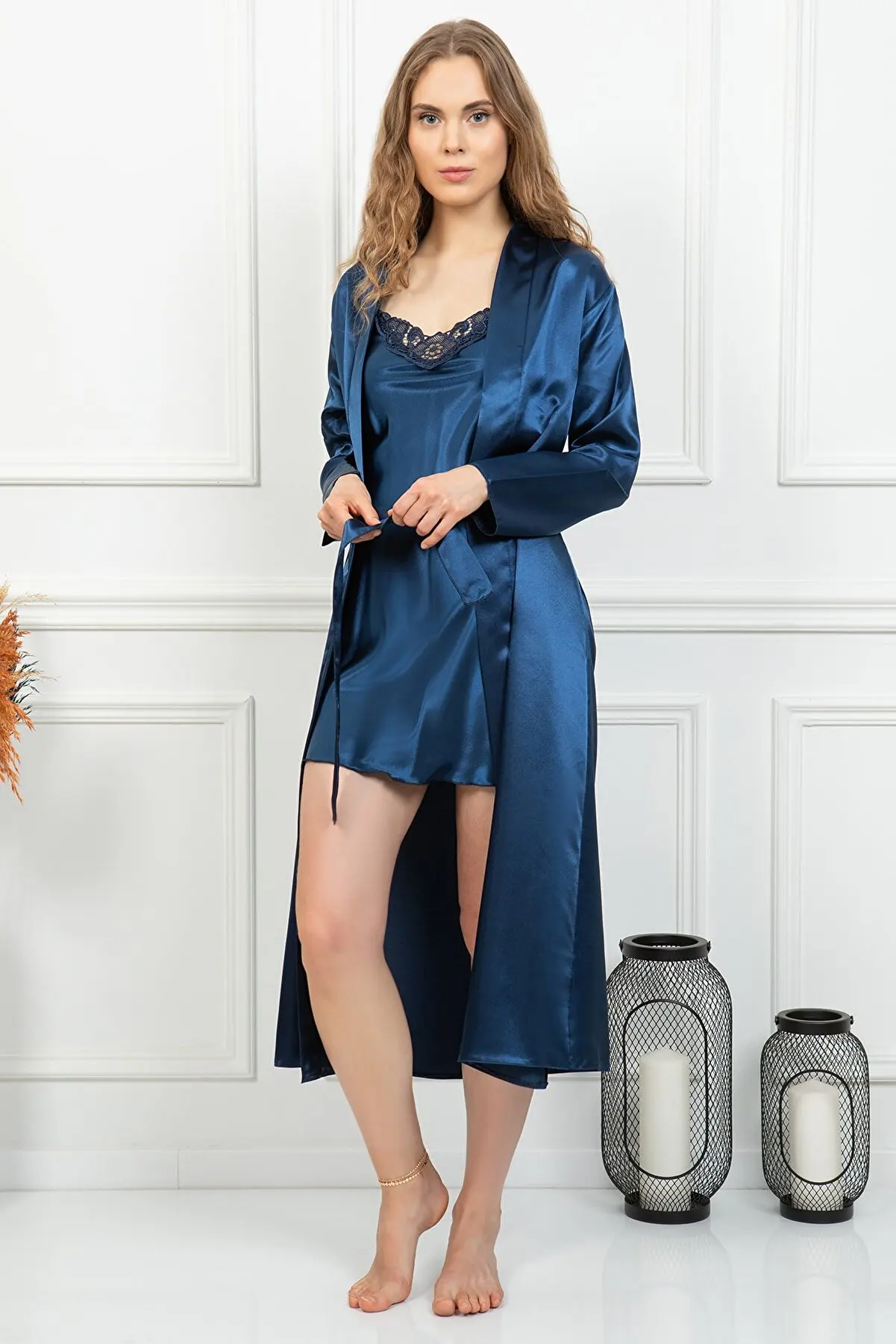 

Шелковый халат, комплект для сна из 2 предметов, женский кружевной Атласный пижамный комплект, ночная рубашка, эксклюзивная женская ночная с...