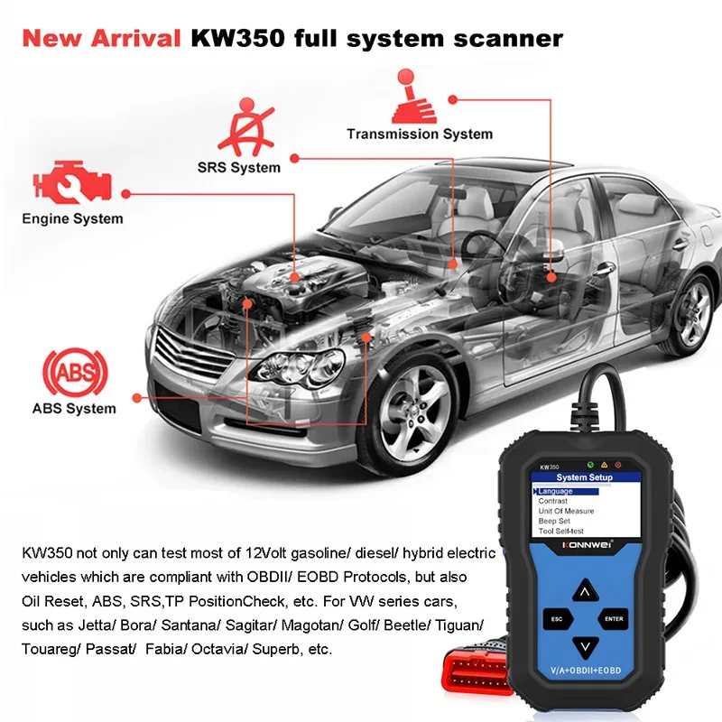 Автомобильный диагностический сканер KW350 OBD2 OBD для VW Audi SKoda SEAT VAG сброс качества