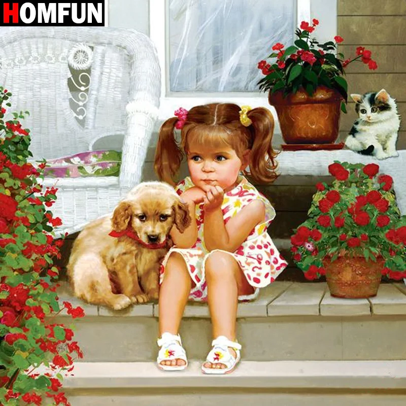 

Алмазная 5d картина HOMFUN «Девочка, собака, цветок», вышивка крестиком, квадратная круглая Алмазная вышивка, ручная работа, стразы, искусство «...