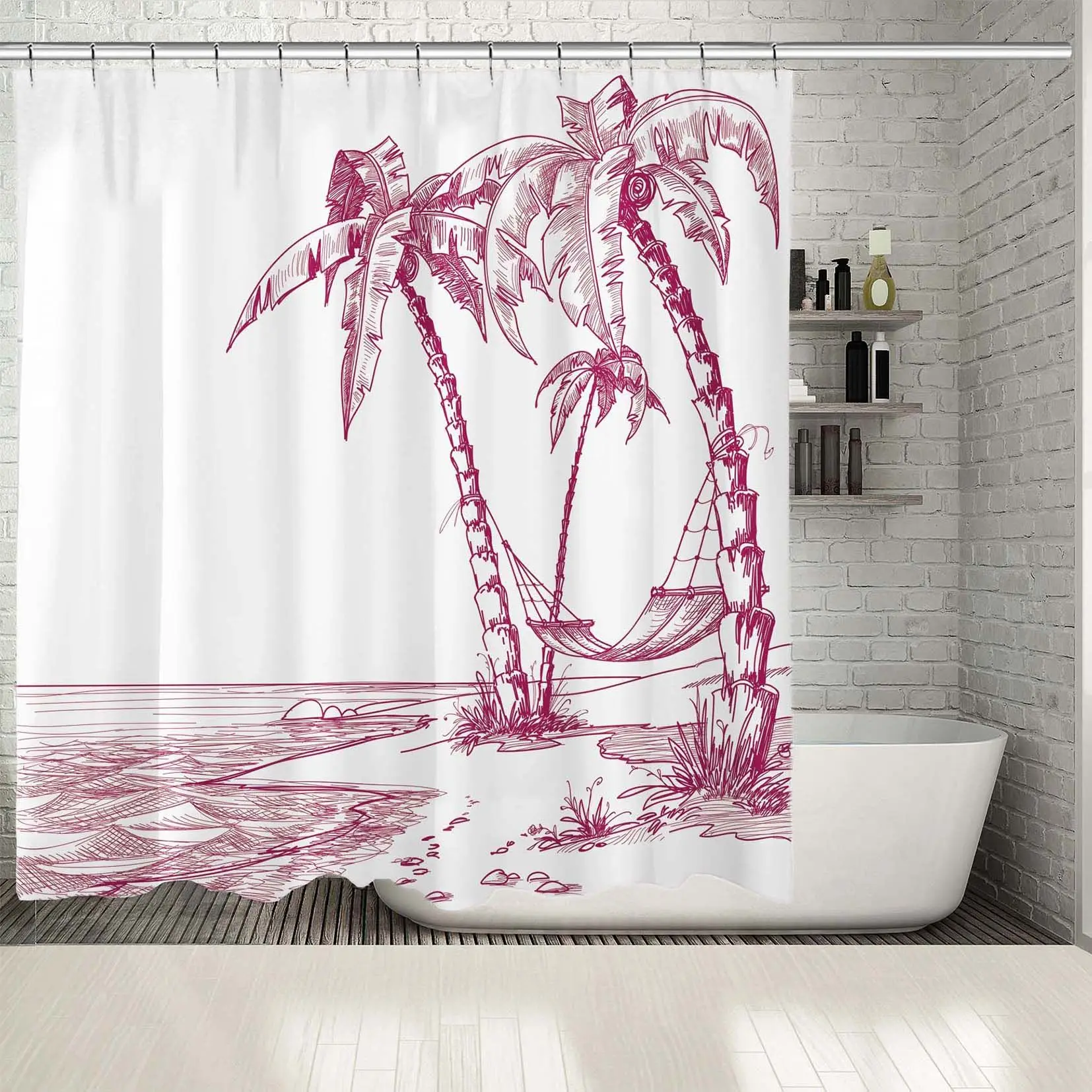 

Shower Curtain Tropical Beach with Palm Trees and Hammock Seaside View Artwork Printed Wine White