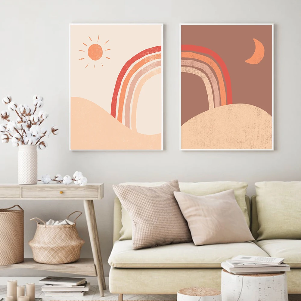 

Boho Rainbow Wall Art Sun Moon Poster Print Bright Color Nursery Canvas Painting Nordic Landscape Picture Living Room Home Decor