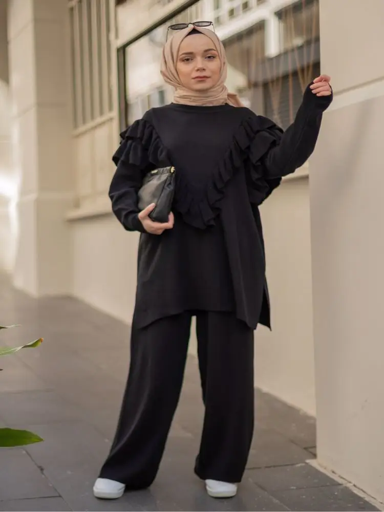

Gizce Tricot Knit Fabric Double Suit Tassel Detailed Trousers Tunic Double Suit Wide Leg Bottoms High waist elastic 2021