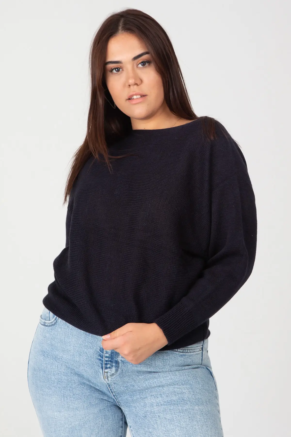 Без текстильные Для женщин 'S Темно синие рукав летучая мышь воротник лодочка