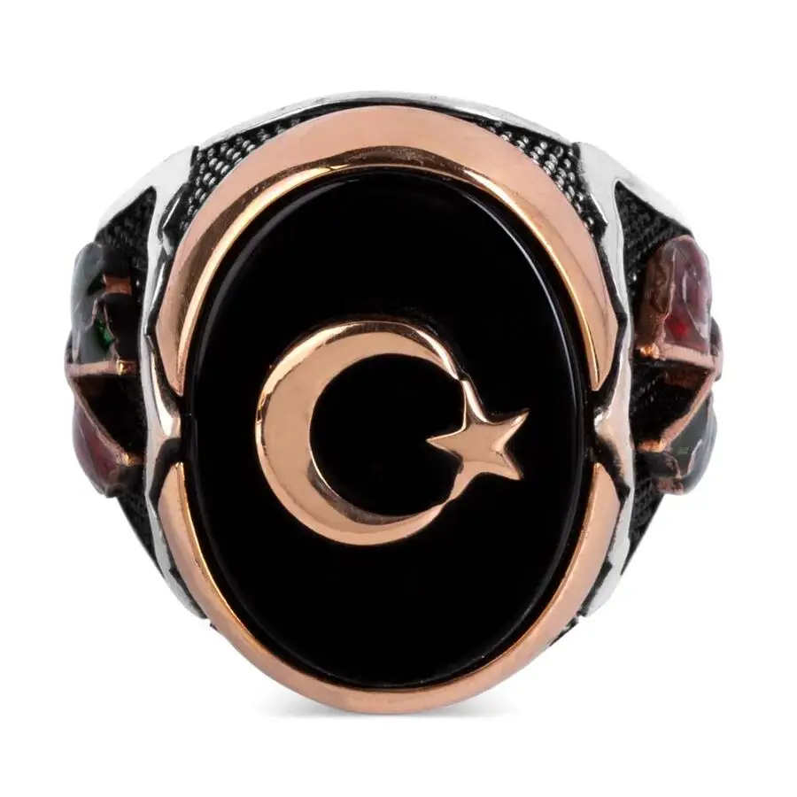 

925 Sterling Black Onyx Stone Silver Crescent and Star Ring with Flags Fashion Turkish Premium Quality Handmade Jawelery