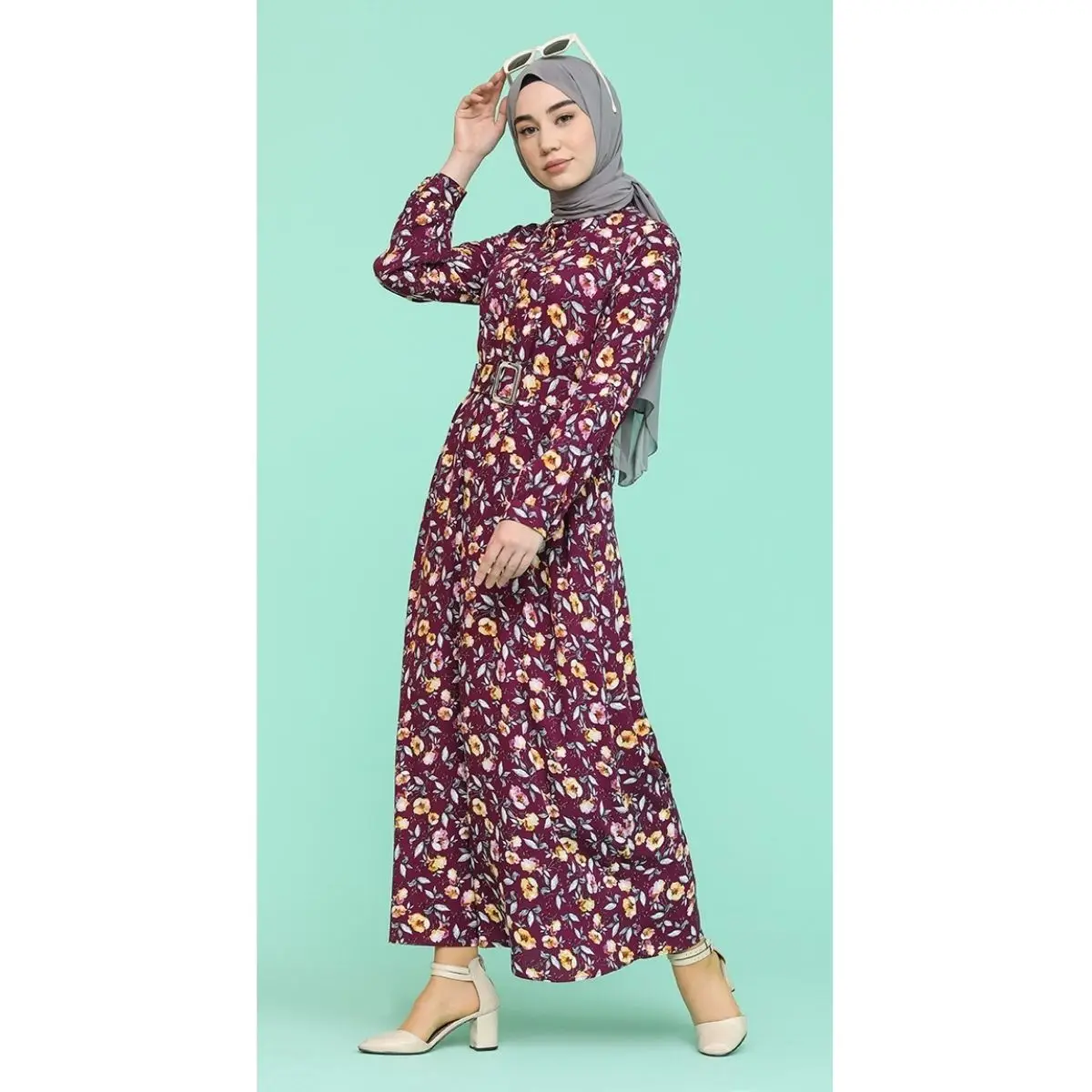 

Floral Pattern Dress Colorful Seasonal Hijab Modern Elegant Bat Sleeve Zero Collar Loose Women Muslim Fashion Ladies Useful Casu