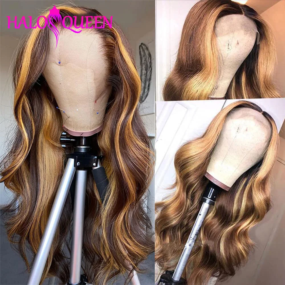 Honey Blonde Brown Highlights Lace Front Wig 13x4 Body Wave Frontal Wig Human Hair Pre Plucked 4x4 Closure Remy Thick 34 Inch