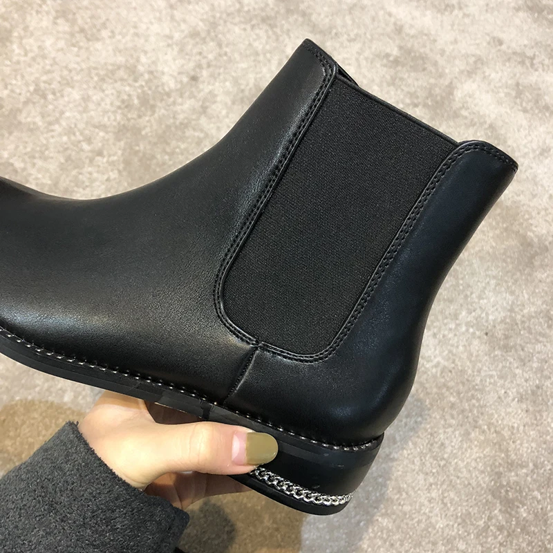 Черные кожаные ботинки челси женские дизайнерские с цепочками зимняя обувь 2019